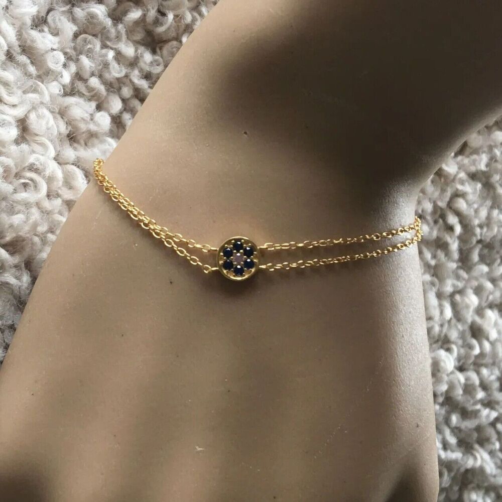 Sterling Silver Chain Bracelet 18K Gold Plated Blue CZ 20cm Long